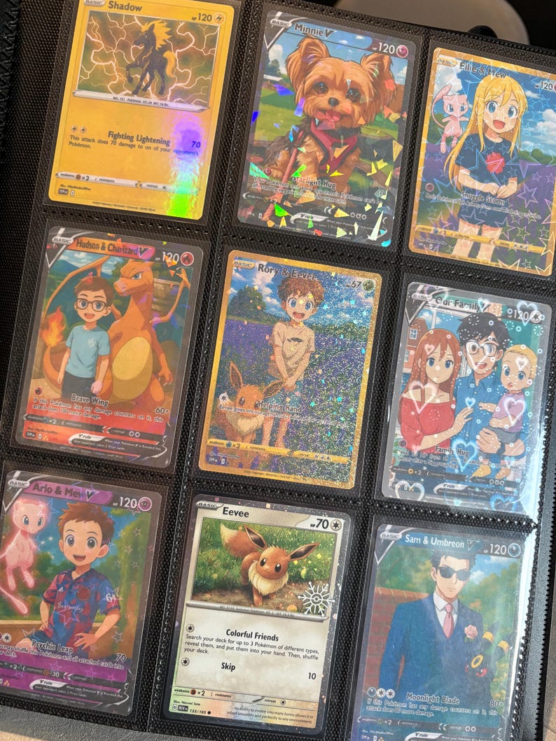 May include: A collection of Pok&eacute;mon trading cards in a binder. The cards feature various characters and illustrations, including a dog, a Charizard, and an Eevee. The cards are in protective sleeves.