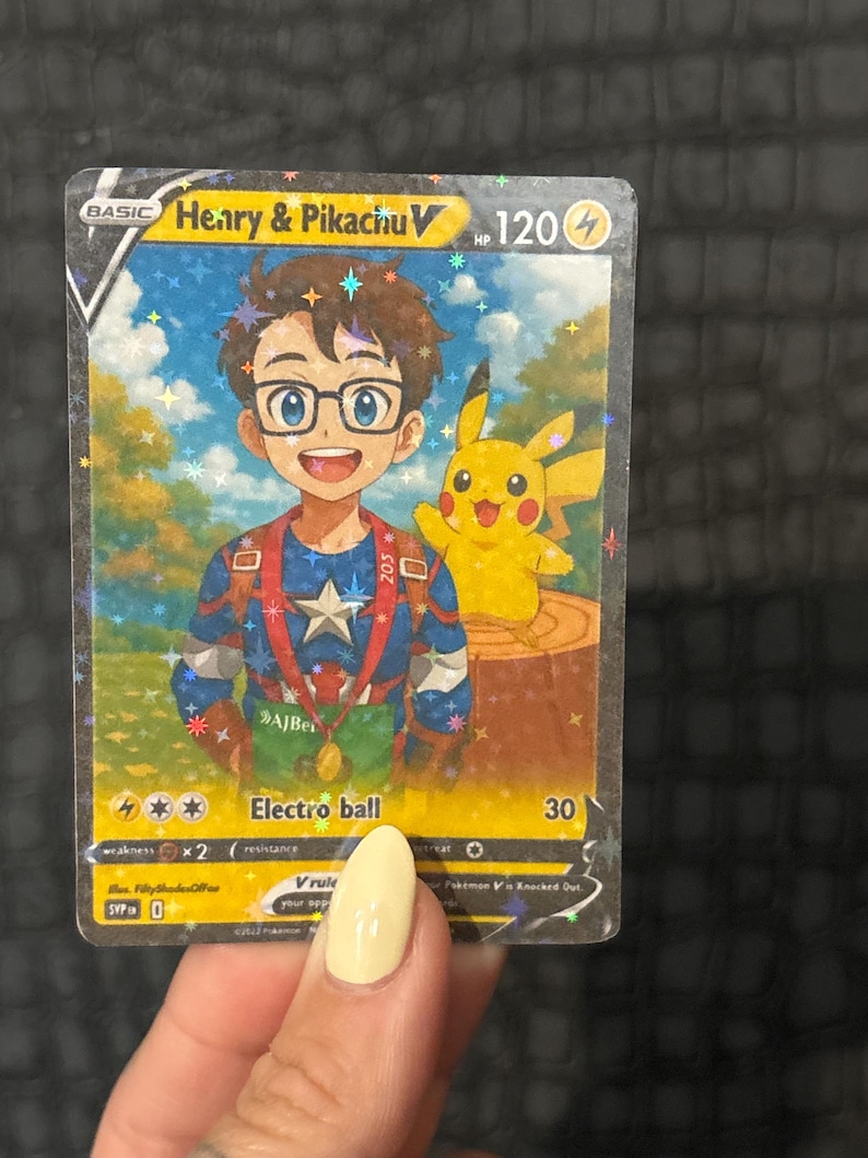 May include: A holographic trading card featuring "Henry & Pikachu V." The card depicts a boy with glasses and Pikachu. The card has a blue, red, and yellow color scheme, with the text "Electro ball" and the number "30."