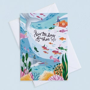 Poissons d'anniversaire - Une carte de voeux vierge | Jolie carte d'anniversaire amusante, illustration sous-marine, carte bord de mer, art de Cornouailles, carte recyclée