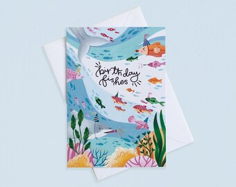 Birthday Fishes - Single Blank Greetings Card | Cute, Funny Birthday Card, Underwater Illustration, Seaside Card, Cornish Art, Recycled Card