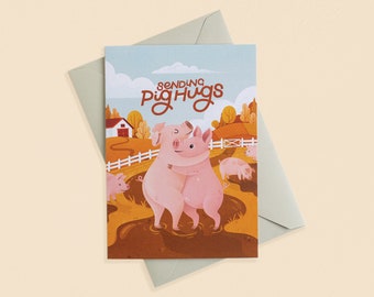 Sending Pig Hugs - Single Illustrated Greetings Card | Apology, Sympathy Card | Love Card | Thinking Of You | Recycled Cards | Nyassa Hinde