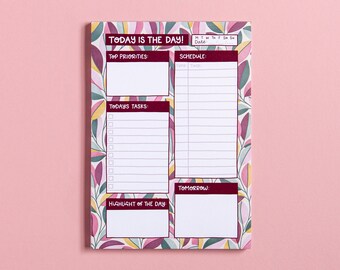 Daily Desk Planner - Today Is The Day | A5 Notepad | To Do List | Leaf Pattern