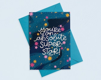 Absolute Superstar - Single Illustrated Greetings Card | Space Thank You Card | Birthday, Celebration & Congratulations Card | Nyassa Hinde