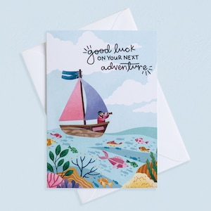 Bonne chance dans votre prochaine aventure - Une seule carte de voeux vierge | Parti, nouvel emploi, partir en voyage, papier cartonné recyclé, oeuvre d'art de Cornouailles