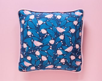 Blue Birdsong Handmade Cushion Cover - 35x35cm | Recycled Velvet | Maximalist Style Home Decor | Homeware | Nyassa Hinde Illustration