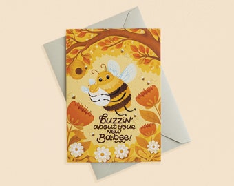 Buzzin' About Your Baby - Single Illustrated Greetings Card | New Baby | New Parents | Bumblebee Baby Card | Recycled Cards | Nyassa Hinde