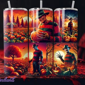 May include: A set of three stainless steel tumblers with a Halloween theme. Each tumbler features a different image of a character in a striped sweater and hat, with pumpkins and a sunset background. The tumblers have a straw.