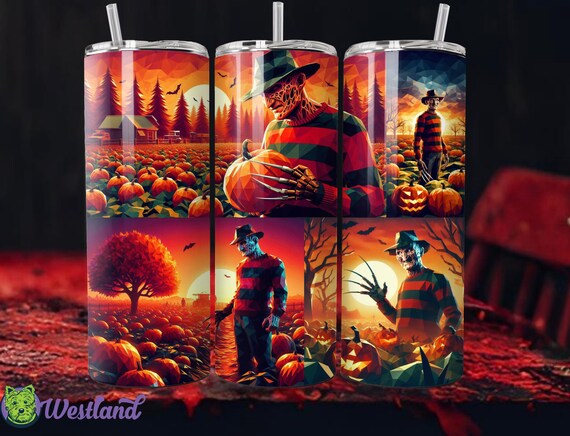 Freddy Krueger 20oz Skinny Tumbler Fall Horror Cup Pumpkin Patch Vibes Slasher Halloween Gift for Movie Fans & Collectors