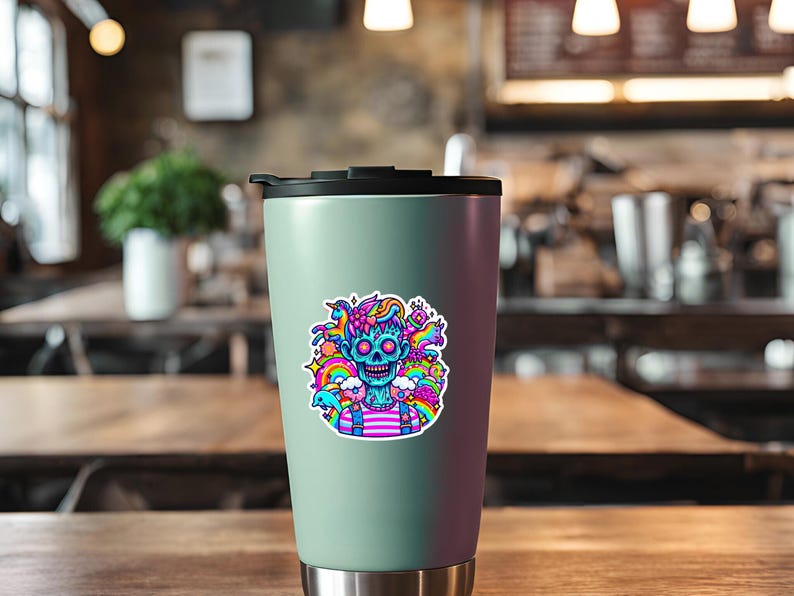 May include: A teal travel mug with a sticker of a blue skull with rainbow hair and a pink and white striped shirt. The skull is surrounded by colorful doodles, including a rainbow, stars, and a unicorn.