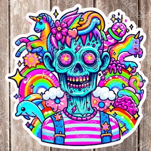 May include: A colorful illustration of a zombie with a rainbow, unicorn, and other whimsical elements. The zombie is wearing a striped shirt and overalls.