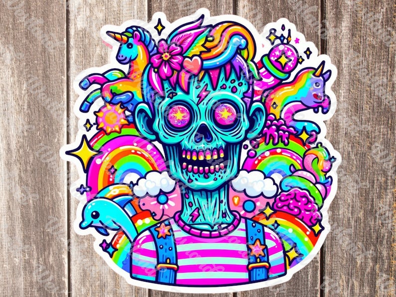 May include: A colorful illustration of a zombie with a rainbow, unicorn, and other whimsical elements. The zombie is wearing a striped shirt and overalls.