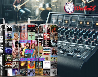 May include: Three stainless steel tumblers featuring a collage of album covers from rock bands such as AC/DC, Guns N' Roses, Metallica, and Skid Row. The tumblers are a great way to show your love for rock music.