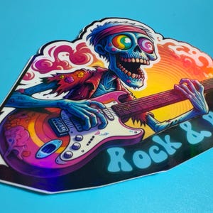 Rock & Roll Zombie Guitar Holographic Sticker, Rainbow/Psychadelic  (Vinyl, Laminated), Weatherproof/Fade Resistant