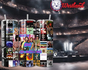 May include: Three stainless steel tumblers featuring a collage of 1980s rock band album covers. The tumblers include bands such as Motley Crue, Metallica, Guns N' Roses, AC/DC, Skid Row, Bon Jovi, and Green Day.