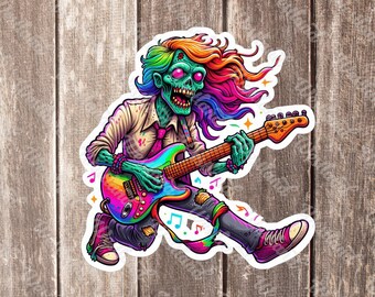 Holographic Sticker Zombie Guitar Decal Psychedelic Art for Musician Gift Funny Guitarist Sticker for Him/Her Hippie Sticker Music Lover