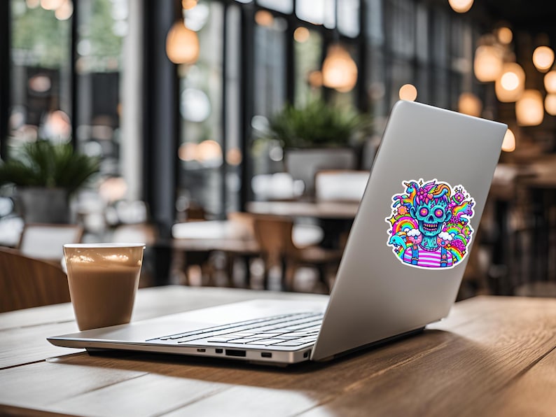 May include: A silver laptop computer with a colorful sticker of a blue cartoon character with a skull face surrounded by rainbows, clouds, and stars. The laptop is on a wooden table.