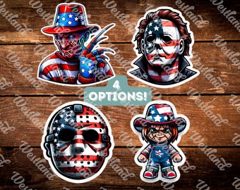 Horror Movie Funny Patriotic American Flag Stickers Decals-Michael Myers, Freddy Krueger, Jason Voorhies, Chucky - Holographic Option