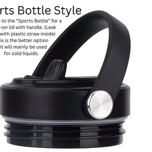 May include: Close-up of a black sports bottle lid with a handle. The lid has a screw-on design and a silver button. Text on the image reads "Sports Bottle Style" and describes the lid's features.