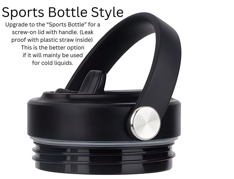 May include: Close-up of a black sports bottle lid with a handle. The lid has a screw-on design and a silver button. Text on the image reads "Sports Bottle Style" and describes the lid's features.