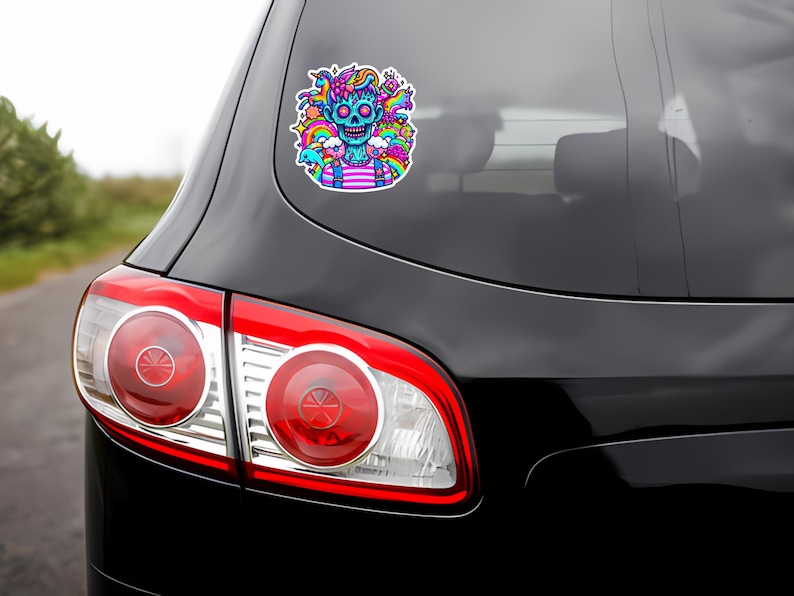 May include: A colorful sticker featuring a cartoon skull with rainbow hair and a pink and white striped shirt. The skull is surrounded by various colorful cartoon elements, including a rainbow, clouds, and stars.