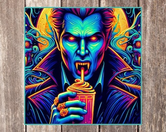 Pegatina divertida de vampiro, café vampiro para portátil, calcomanía de café vampiro para botella, pegatina de Drácula, pegatina divertida holográfica de Drácula