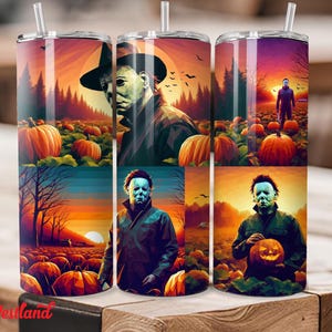 Puede incluir: Tres vasos de acero inoxidable con temática de Halloween. Cada vaso presenta una imagen diferente de un personaje de película de terror, incluyendo Michael Myers, Jason Voorhees y Freddy Krueger. Los vasos están rodeados de calabazas y follaje de otoño.