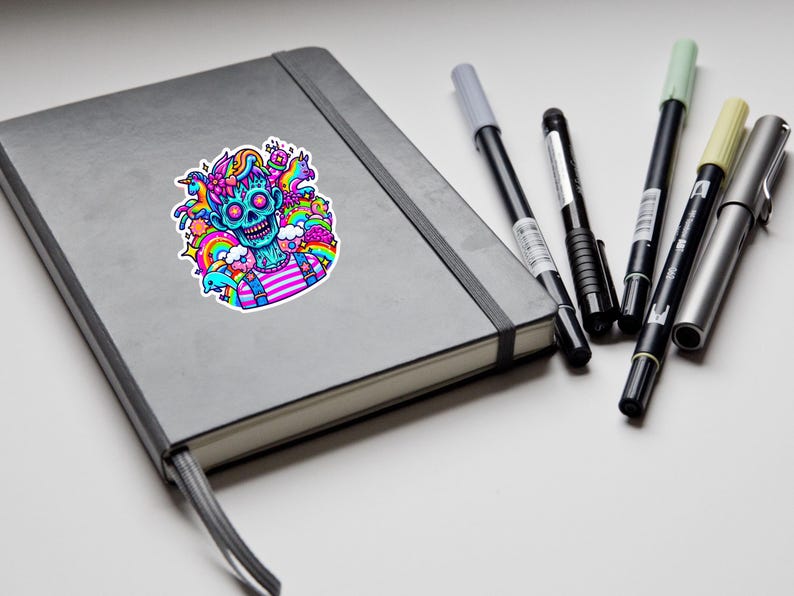 May include: A sticker featuring a blue and pink cartoon character with a skull head and a rainbow background. The character is wearing a pink and white striped shirt and blue overalls.