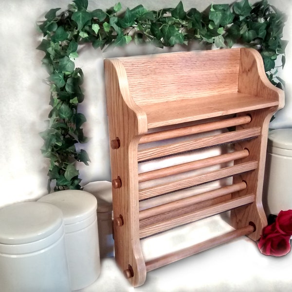 4 in 1 Oak Kitchen Organizer With shelf./ Paper Towel Rack/ Wax Paper Rack/ Tin Foil Holder/Great Wedding, Anniversary, or Birthday Gift.