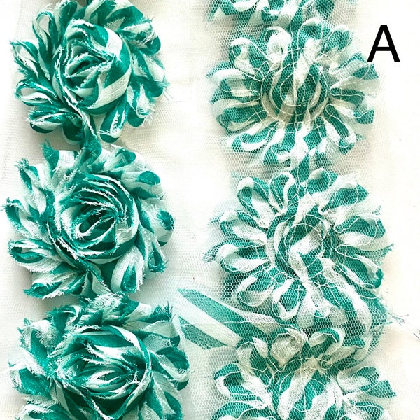 2.5" Rose Chiffon lace flower Shabby Chic Frayed flower trim Mixed Color Stripes DIY Jewelry Making Findings.