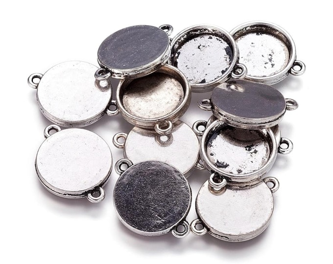 15mm Connectors Round Cabochon Setting Inner Tray Antique Silver Bezel Tray DIY Jewelry Findings.