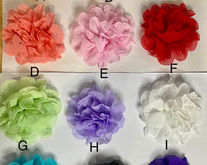 3 Inch Eyelet Chiffon Fabric Flower Mixed Colors, DIY Jewelry Making Findings.