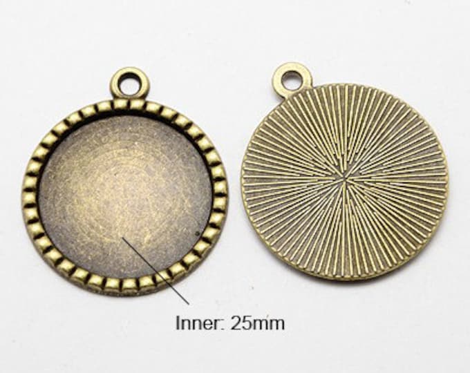 25mm Bronze Pendant Round Cabochon Setting Bezel Tray Antique Bronze Inner Tray DIY Findings for Jewelry Making.