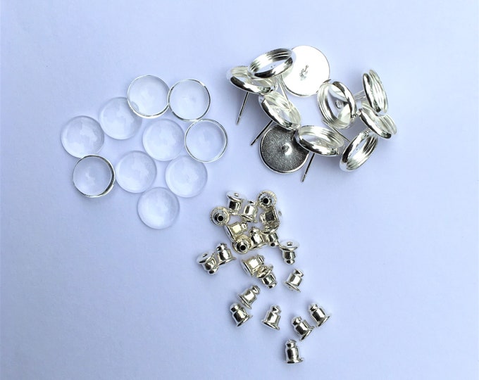 12mm Earring Post Sets Earring Posts Earring Silver Ear Studs with Ear backs and matching round glass cabochons, 100 Sets