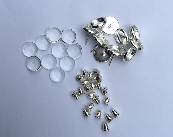 10mm Earring Sets Silver Earring Posts Earring Ear Studs with Ear backs and matching round glass cabochons, 10Sets/ 20Sets / 40Sets