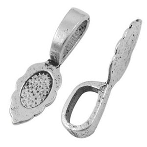 May include: Silver-toned metal pendant bail with a decorative, scalloped edge and a smooth, oval-shaped opening. The bail is designed to hold a pendant or charm.