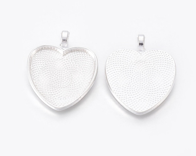 25mm Heart Cabochons Pendant Silver Tray Setting  Bezel Trays, 1 Inch Trays DIY Jewelry Findings.