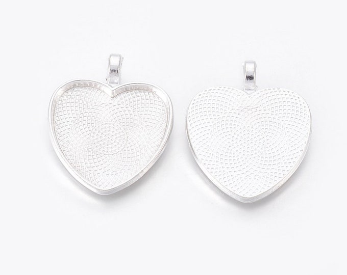 25mm Heart Cabochons Pendant Silver Tray Setting  Bezel Trays, 1 Inch Trays DIY Jewelry Findings.