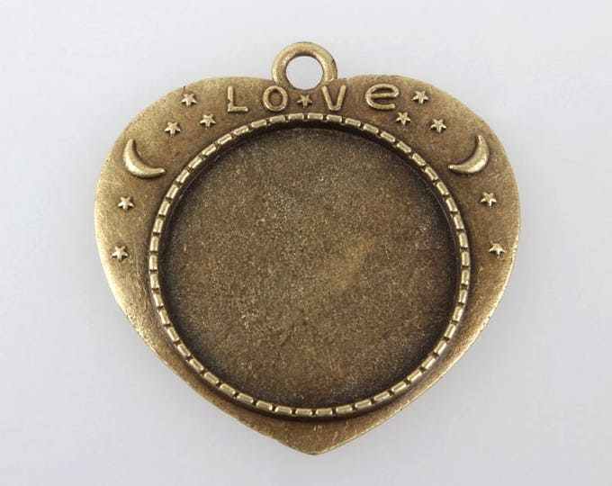 25mm Heart Pendant Carved Word Love Antique Bronze Round Cabochon Setting Bezel Tray, Inner tray DIY Jewelry Findings 10Pcs/20pcs