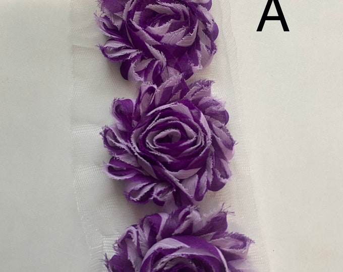 2.5" Rose Chiffon lace flower Shabby Chic Frayed flower trim Mixed Color Stripes DIY Jewelry Making Findings.