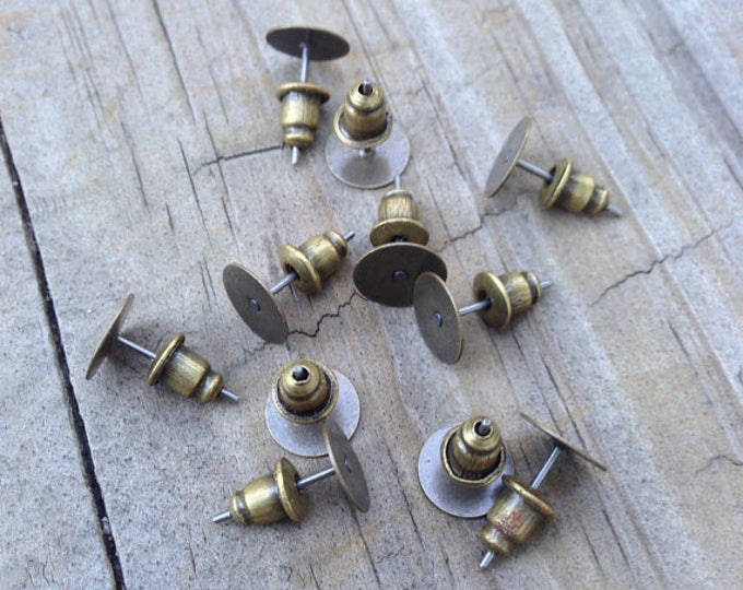 10mm Ear Posts Pad Studs with Ear Backs Back Stoppers, Antique Bronze Ear nuts DIY Jewelry Making Findings 50Sets.