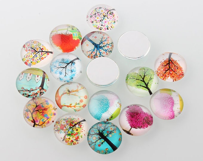 10mm Printed Cabochons Tree of Life Half Round/Dome Glass Cabochons, Mixed Color,DIY Jewelry Findings.