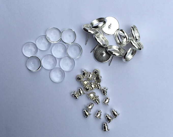 8mm Earring Sets Silver Posts Earring Ear Studs with Ear backs and matching round glass cabochons, 25Sets.