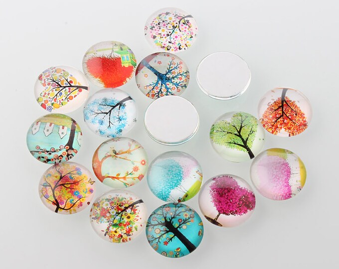 12mm Printed Half Glass Cabochons, Tree of Life Mixed Color, DIY Jewelry Findings.