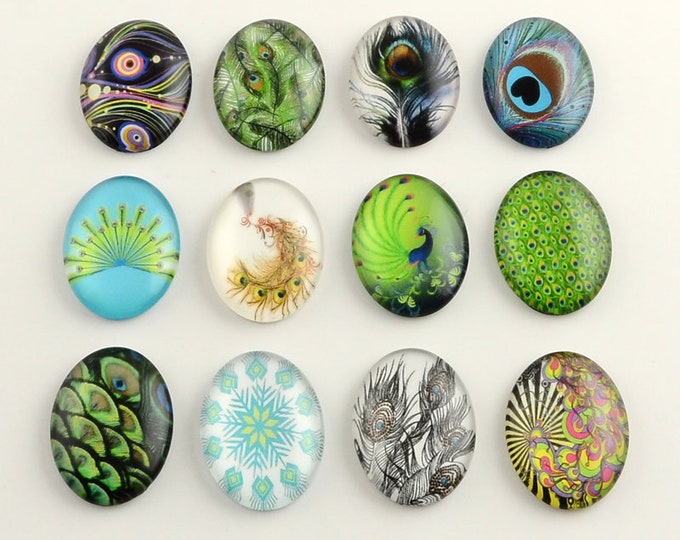 18x25mm Printed Cabochon Mixed Glass Feather Pattern Glass Oval Flat back Cabochons, Mixed Color, DIY Jewelry Findings.