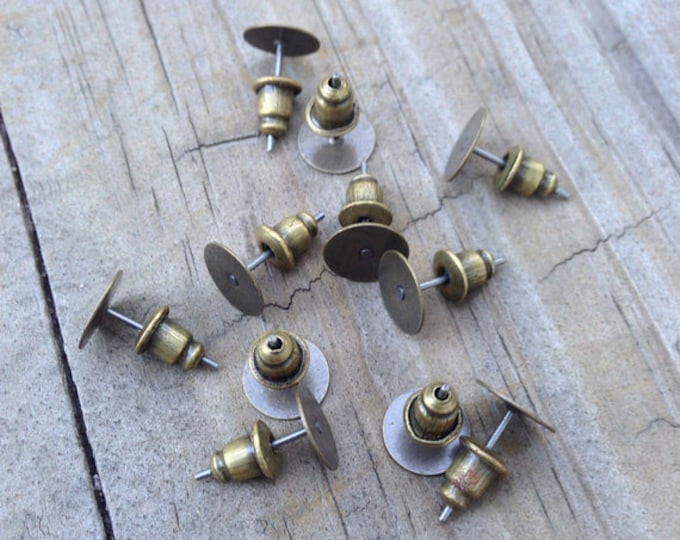 8mm Bronze Earring post Earpad  Posts Studs with Ear Backs Back Stoppers, Bronze Earnuts DIY Jewelry Making Findings .