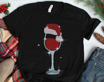 Christmas Glitter Wine Glass Print Shirt, Wine Lover Gift, Christmas Santa Hat Tee for Women, Ladies Wine Tasting T Shirt *NOT Real Glitter*