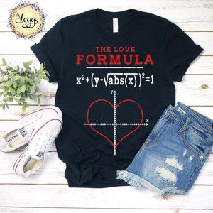 May include: A black t-shirt with a white graphic of a mathematical formula and a red heart shape on a graph. The text on the shirt reads "The Love Formula x²+(y-Vabs(x))²=1".