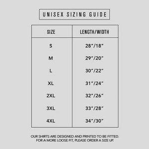 May include: Unisex sizing guide for shirts, showing length and width measurements in inches for sizes S through 4XL.