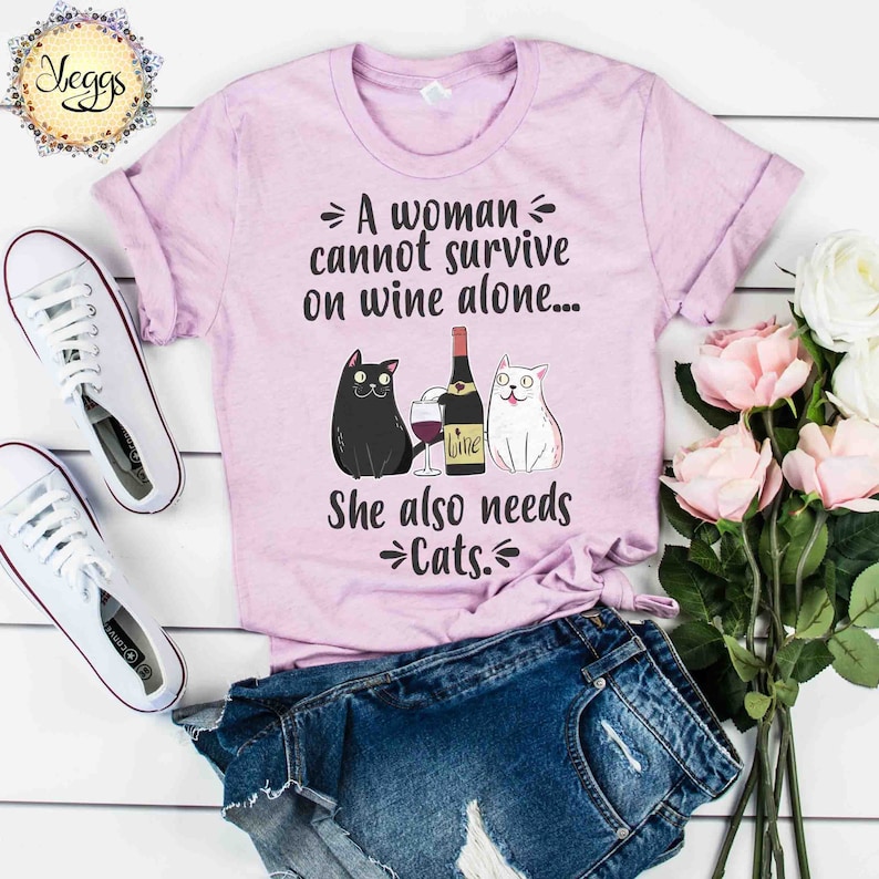 Kat en Wijn T-shirt - Cat Lover Gift Vrouwen - Wine Lover Gift voor Vrouwen - Wijn Geschenken - Cat Lover Gift - Cat Mom Shirt - Cat en Wine Shirt Heather Prism Lilac