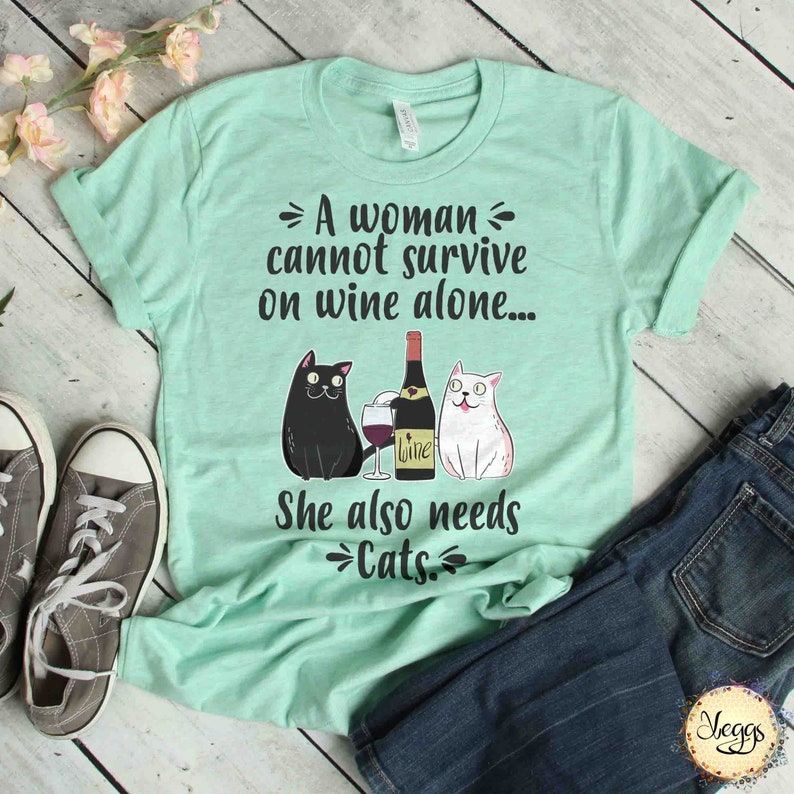 Kat en Wijn T-shirt - Cat Lover Gift Vrouwen - Wine Lover Gift voor Vrouwen - Wijn Geschenken - Cat Lover Gift - Cat Mom Shirt - Cat en Wine Shirt Heather Prism Mint